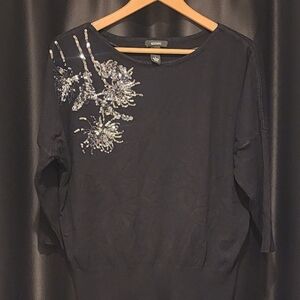 ALFANI- Black And Silver Sequin Edgy Upside down Dandelion/Disco Pom Pom Sweater